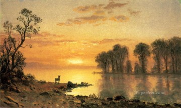  Sunset Art - Sunset Deer and River Albert Bierstadt Landscape